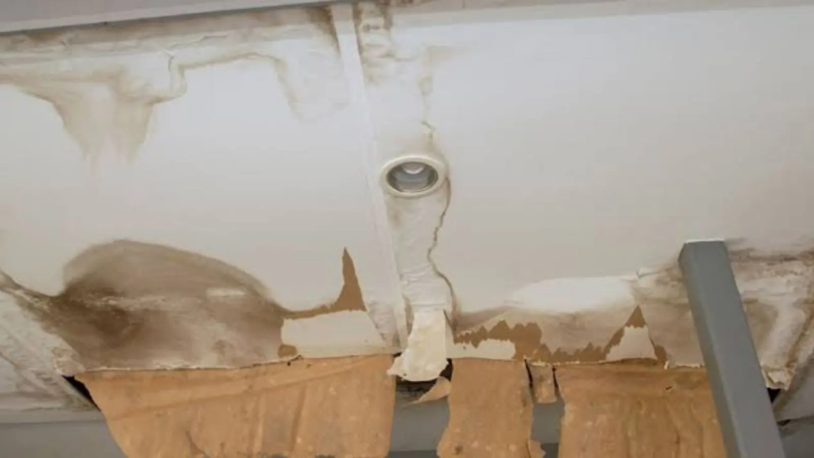 Stained ceiling around a light fixture with sections of peeling paint