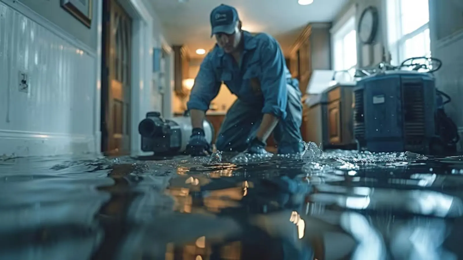 Technician placing drying equipment on a flooded home floor