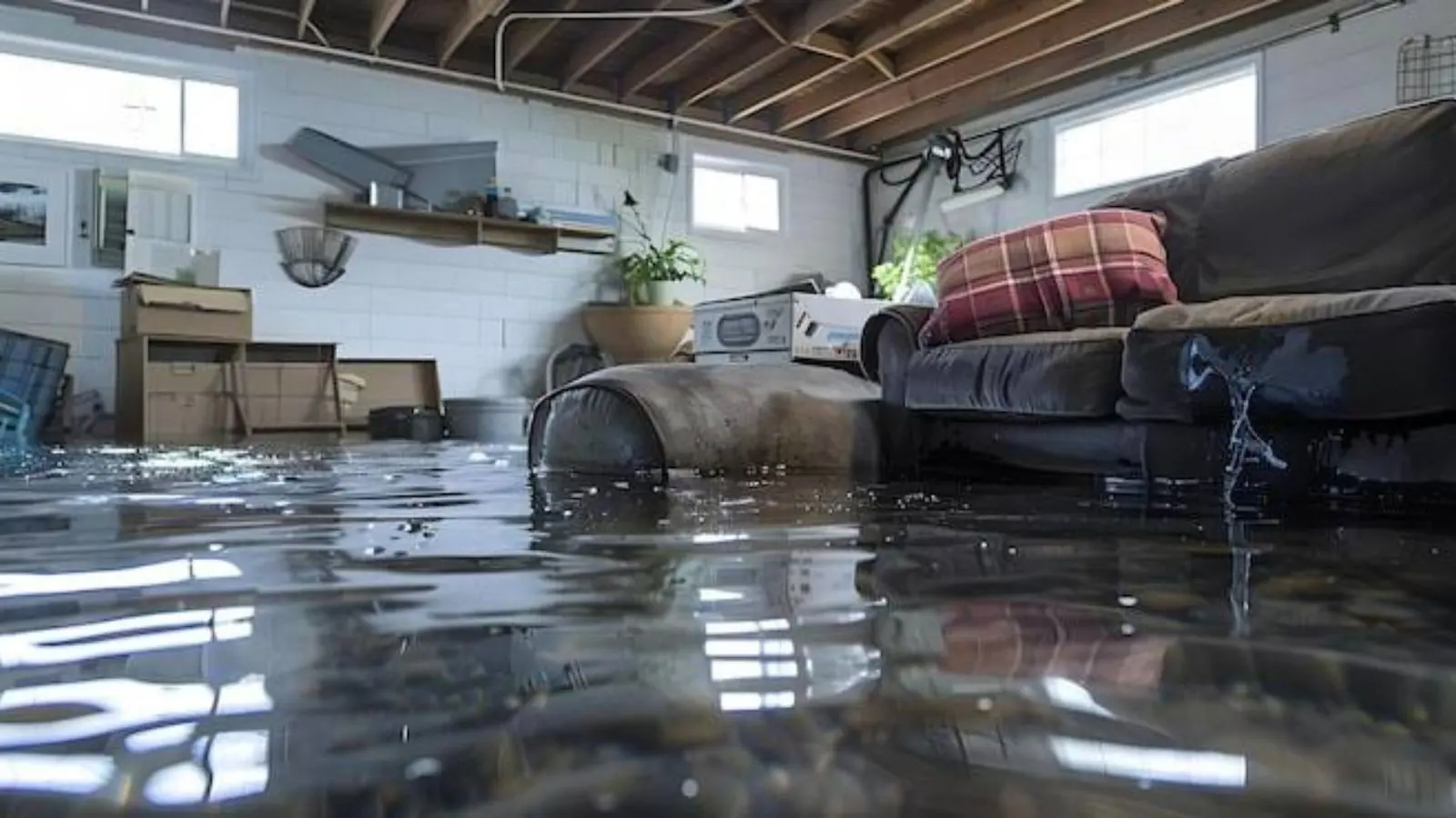 Flooded finished basement with water covering the floor around the furniture