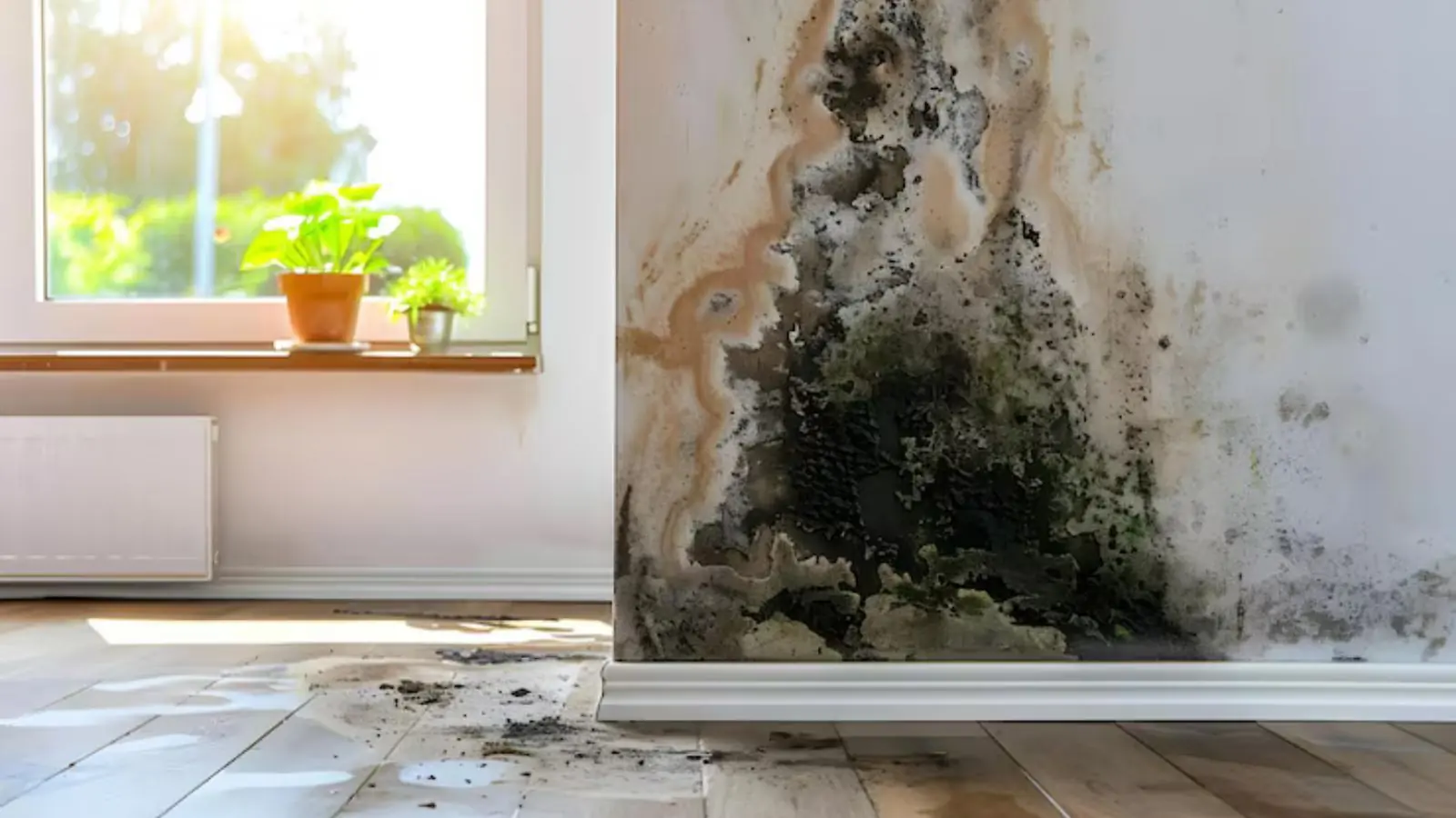 Mold growing up a wall beside a window above a damp floor