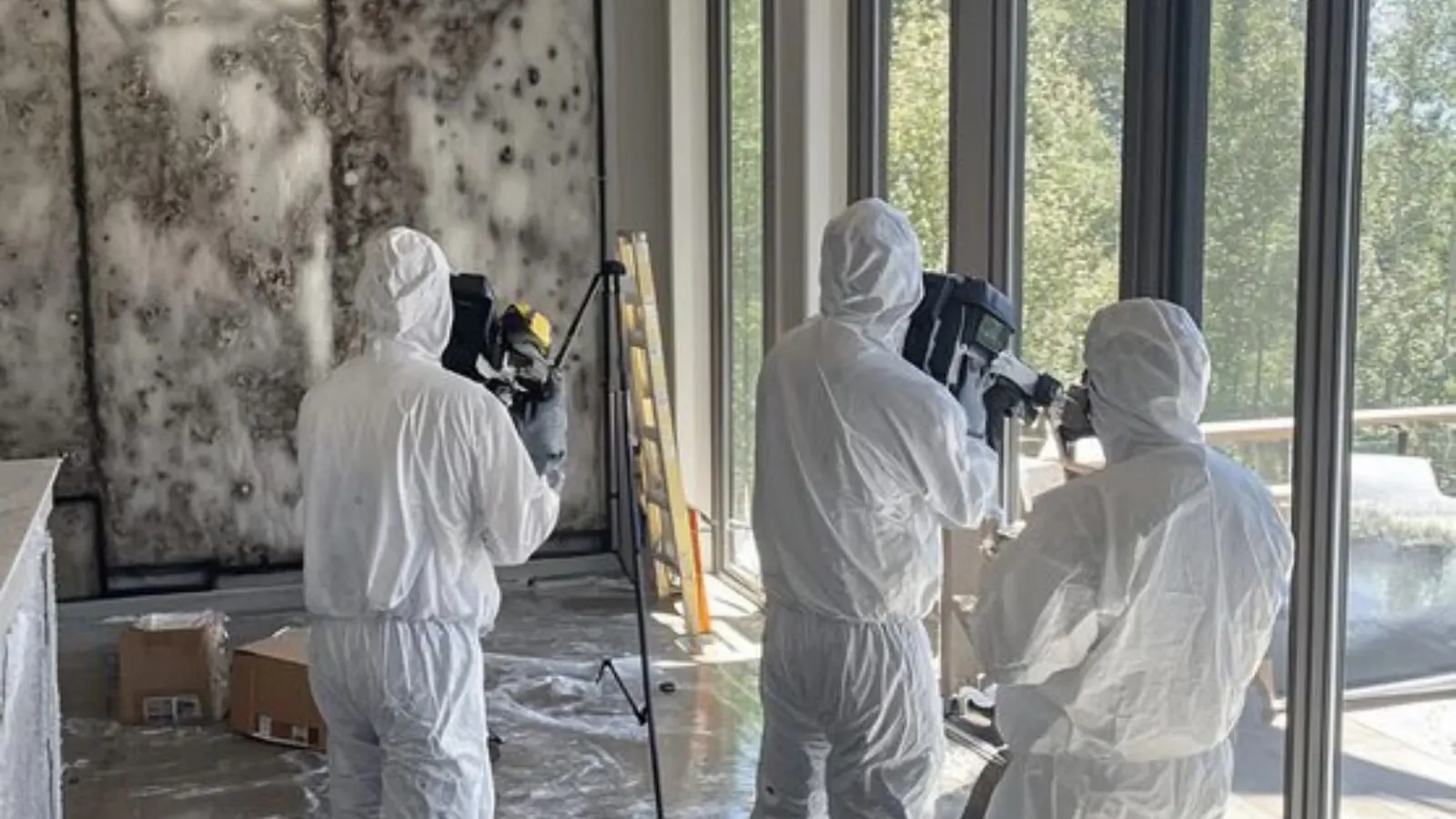 Team in protective suits documenting mold growth on a wall with a camera tripod