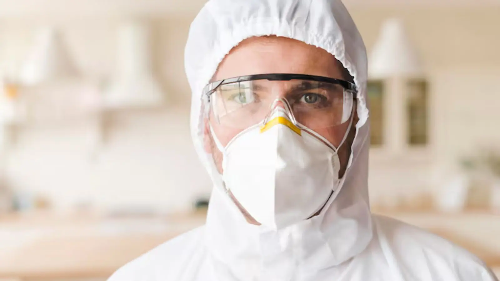 Mold specialist in a protective hood, goggles and respirator