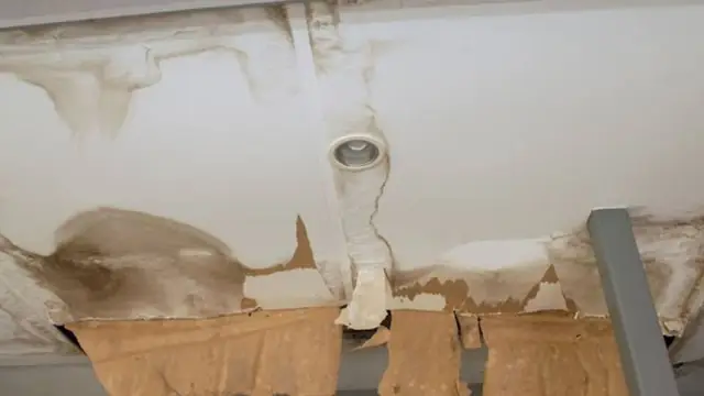 Stained ceiling around a light fixture with sections of peeling paint