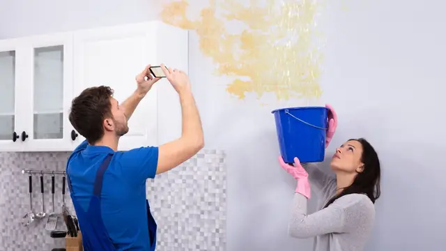 Homeowner photographing a stained wall while a bucket catches a leak