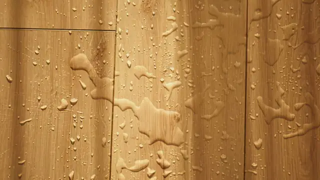 Wood plank flooring beaded with water droplets