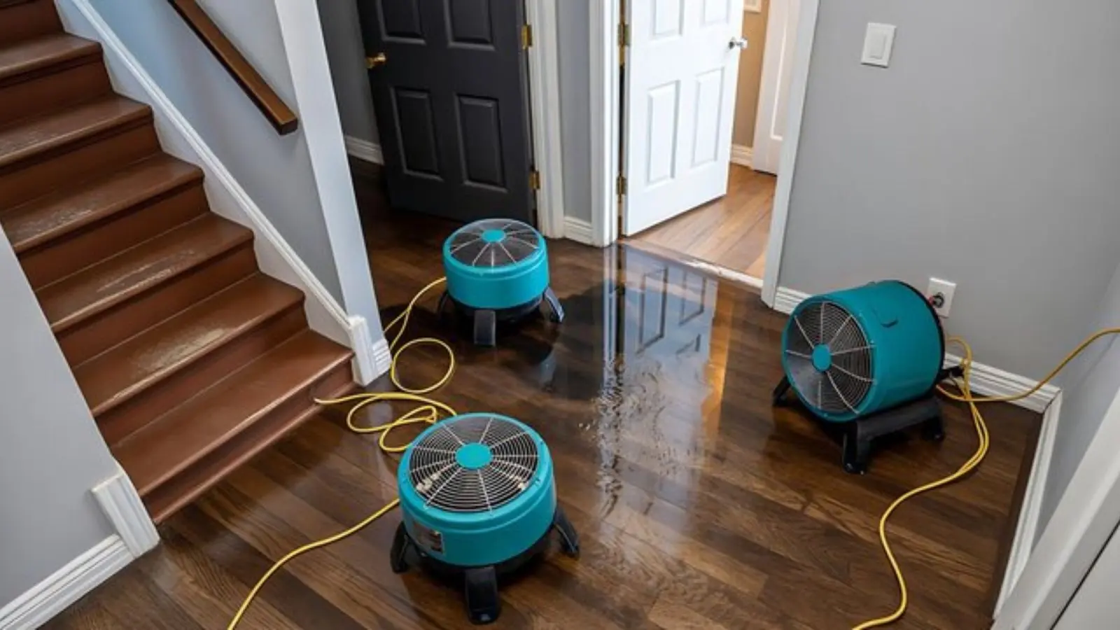 Fans drying a wet wood floor beside a staircase after cleanup