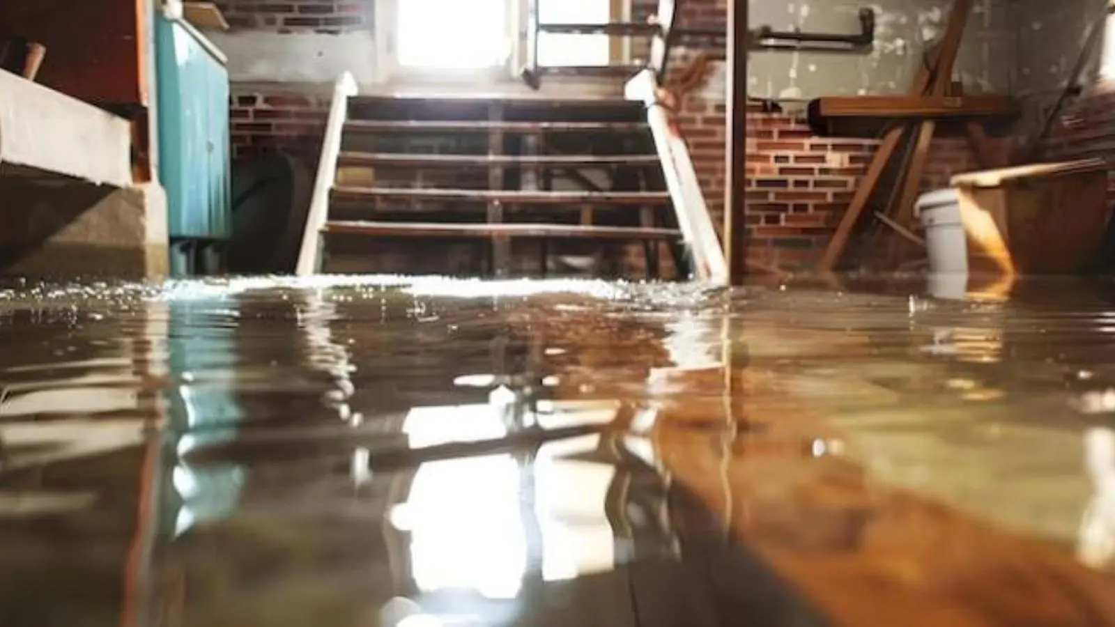 Water covering the floor at the bottom of a basement staircase