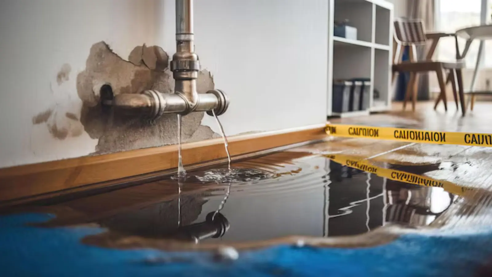 Burst pipe spraying water onto a floor with caution tape around the wet area